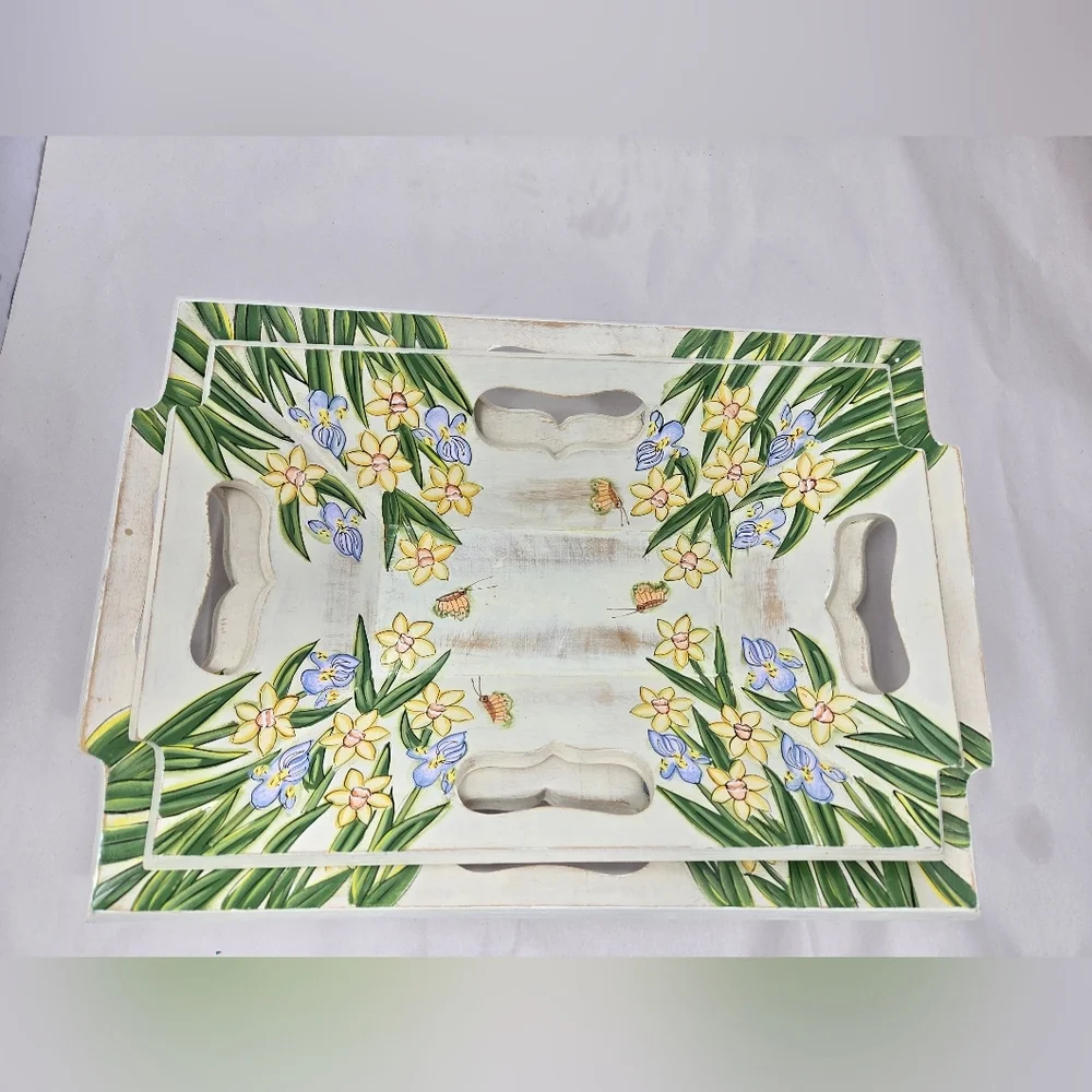 Wood Serving Trays Nesting Set Of 2 Handmade-Painted Trays Holders Decor Spring